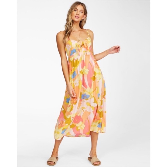 Billabong Twist It Floral Midi Dress Sleeveless Lightweight Coral Yellow Pink XS - Picture 1 of 16
